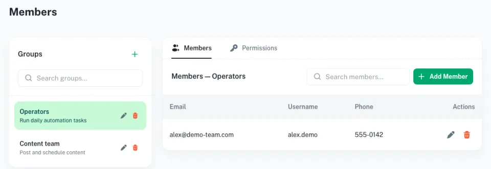 Members screen with team groups such as Operators and Content team