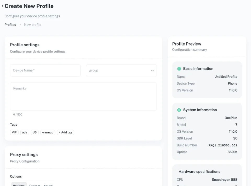 Dashboard screenshot: creating a cloud phone profile with its device preview